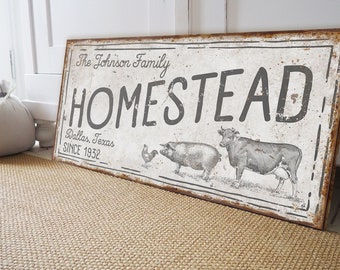 Personalized Homestead Sign Large Farmhouse Signs Custom Family Farm Sign Rustic Chicken Cow Pig Home Decor Metal Canvas Wood Porch Kitchen