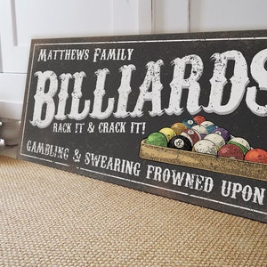 Billiards Lounge Sign, Pool Hall Sign, Basement Man Cave Decor, Farmhouse Decor, Custom Sign, Rustic Farmhouse Wall Decor, Family Name Sign