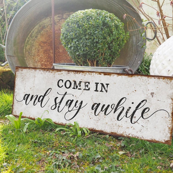 Rustic Modern Farmhouse Entryway Decor Come In And Stay Awhile Sign for Front Door Metal Front Porch Sign Entry Welcome Sign Wood Canvas