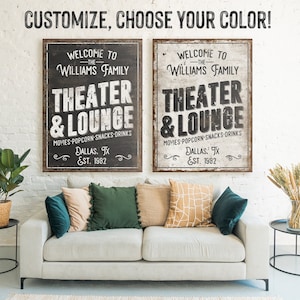 Personalized Movie Theater & Lounge Sign: Rustic Family Name Wall Art