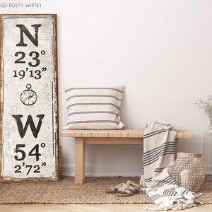 Custom GPS Coordinates Sign Vertical Coordinates Sign Rustic Nautical Wall Art Vintage Farmhouse Home Decor Beach or Lake Metal Wood Canvas