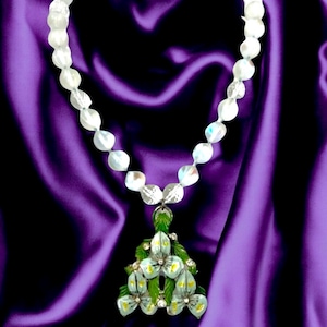 Clear Quartz Necklace with Vintage Blue Enamel Flower Pendant, Sterling Clasp