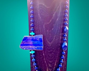 Asymmetrical Lapis & Turquoise Statement Necklace with Vermeil Clasp, Artisan OOAK