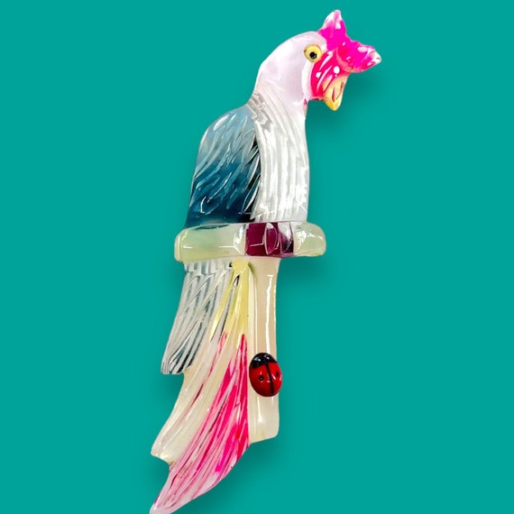 Reverse Carved Lucite   Parrot, Bird Brooch with P