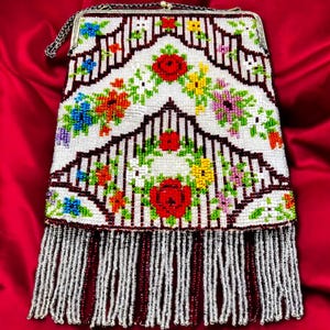 Vintage 1920s - 1930s Beaded Flapper Purse, Bag with Fringe & Multicolor Flowers