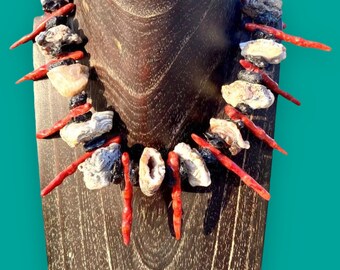 Druzy Agate, Obsidian, Finger Coral unique Statement Necklace