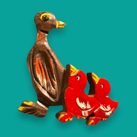 Laminated Red Bakelite and Carved Wood Duck & Duc… - image 2