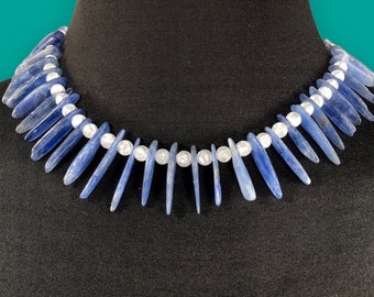 Gemstone Necklace, Blue Kyanite & White Freshwater Pearl Bib Necklace, Vermeil Sterling Toggle Clasp