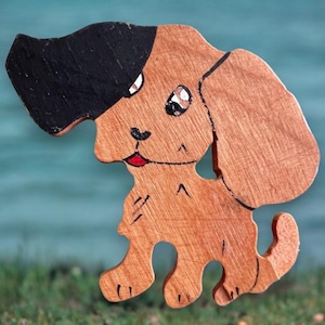 Vintage Carved Wood Brooch with Painted Details, Floppy Ears Puppy Dog Pin, As Is
