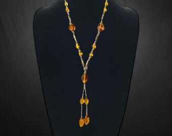Flapper Style Deep Amber-Yellow Glass Beads & Filigree Brass Long Necklace