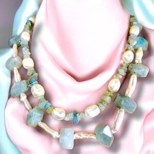 Summer Gemstone Necklace, Aquamarine & Freshwater Pearl , Sterling Toggle
