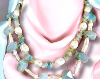 Two Strand Gemstone Necklace: Aquamarine and Freshwater Pearl with Sterling Toggle, OOAK