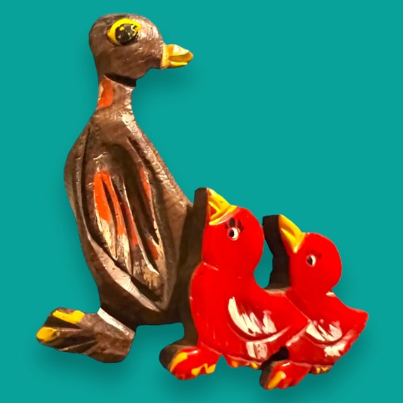 Laminated Red Bakelite and Carved Wood Duck & Duc… - image 3