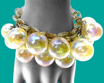 Hard to Find Vintage Art Deco Iridescent Soap Bubble Dangles Bracelet on Celluloid Chain