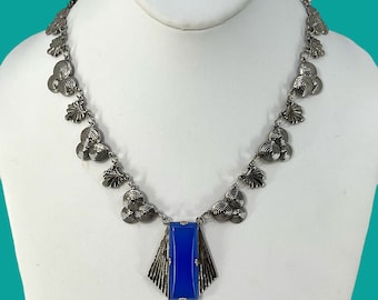 Art Deco Chrome and Blue Glass Necklace