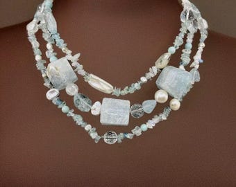 Chunky Multistrand Aquamarine, Pearl and Quartz  Necklace: March Birthstone Necklace