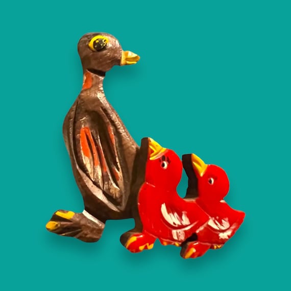 Laminated Red Bakelite and Carved Wood Duck & Duc… - image 1