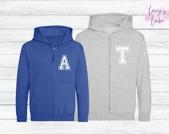 Sudadera con capucha universitaria personalizada para niños con cremallera / Inicial, número / Estilo universitario / Unisex para niños y niñas / Bebés, niños pequeños, niños, adolescentes