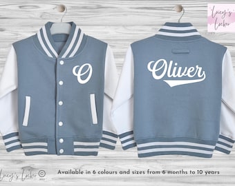 Chaqueta universitaria infantil personalizada / Inicial / Nombre / Estilo béisbol universitario / Niños / Niñas / Bebés / Infantil / Azul