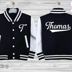 Personalised Kids Varsity Jacket, Name & Initial, Script Font, Custom Letterman, Baby Toddler Black