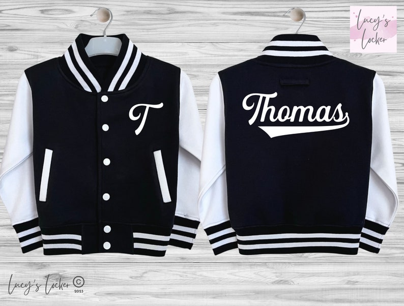 Personalised Kids Varsity Jacket, Name & Initial, Script Font, Custom Letterman, Baby Toddler Black