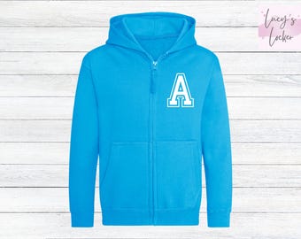 Sudadera con capucha y cremallera personalizada para niños, con inicial personalizada, estilo universitario.