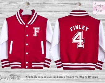 Personalised Kids Varsity Jacket, Name, Initial & Age, Boys Girls