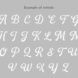 May include: A gray chart displaying the full alphabet in white, cursive, uppercase letters arranged in four rows. The text 'Example of initials:' is centered at the top, and a small logo for 'Lucy's Locker' is positioned in the top right corner.