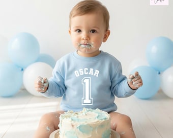 Sudadera personalizada para el primer cumpleaños de niño, conjunto personalizado con nombre, edad y número para bebé, sesión de fotos con pastel.