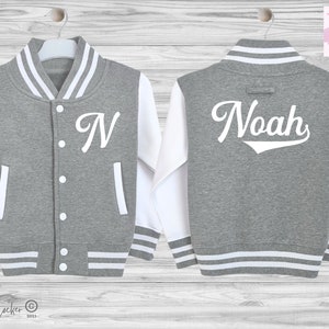 Personalised Kids Varsity Jacket, Name & Initial, Script Font, Custom Letterman, Baby Toddler Gray