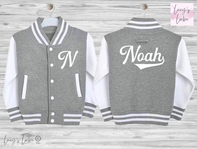 Personalised Kids Varsity Jacket, Name & Initial, Script Font, Custom Letterman, Baby Toddler Gray