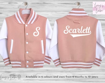 Chaqueta universitaria infantil personalizada / Inicial / Nombre / Estilo béisbol universitario / Niños / Niñas / Niños pequeños / Bebés / Rosa