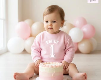 Sudadera personalizada para el primer cumpleaños, conjunto personalizado para bebé niña, jersey rosa para el primer cumpleaños, sesión de fotos con tarta.