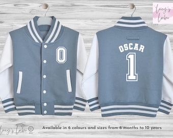 Chaqueta universitaria infantil personalizada / Inicial, nombre, edad, número / Estilo béisbol universitario / Niños, niñas / Niños, bebés, niños pequeños