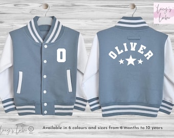 Chaqueta universitaria personalizada para niños / Inicial, nombre, estrellas / Estilo universitario de béisbol / Niños, niñas / Bebés y niños pequeños