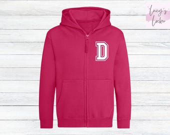Sudadera con capucha y cremallera personalizada para niños, con inicial o número personalizado, estilo universitario.