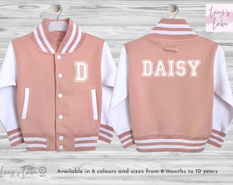 Chaqueta universitaria infantil personalizada con inicial y nombre, estilo béisbol universitario, para niños, niñas y bebés.