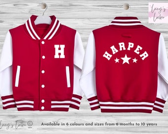 Personalised Kids Varsity Jacket | Initial, Name, Stars | College Baseball Letterman Style | Boys, Girls | Children, Toddler, Baby