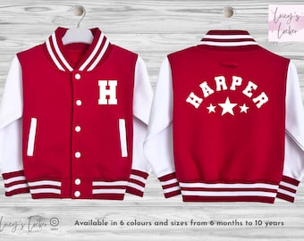 Chaqueta universitaria personalizada para niños / Inicial, nombre, estrellas / Estilo universitario de béisbol / Niños, niñas / Bebés y niños pequeños