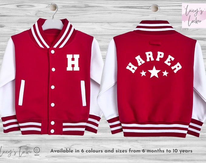 Personalised Kids Varsity Jacket | Initial, Name, Stars | College Baseball Letterman Style | Boys, Girls | Children, Toddler, Baby