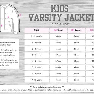 May include: A kids varsity jacket size guide chart featuring a line drawing of a jacket with labeled measurements A, B, and C. The table lists sizes from 6-12 months to 9-10 years with corresponding chest, length, and sleeve measurements in centimeters.