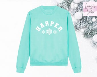 Jersey navideño personalizado para niñas, sudadera con nombre y copo de nieve, top navideño para niños
