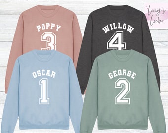 Sudadera infantil personalizada de cumpleaños / Nombre, edad, número / Estilo universitario / Niñas / Niños / Unisex / Bebés / Niños pequeños