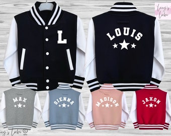Chaqueta universitaria personalizada para niños / Inicial, nombre, estrellas / Estilo universitario de béisbol / Niños, niñas / Bebés y niños pequeños