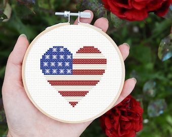 Heart cross stitch pattern, American flag cross stitch pattern, 4th of July decoration, Independence Day cross stitch pattern pdf