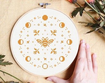 Bee cross stitch pattern, moon cross stitch pattern, mandala cross stitch pattern, geometric cross stitch pattern, monochrome pattern PDF