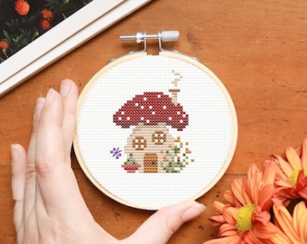 Mushroom cross stitch pattern, cottage cross stitch pattern, witchy cross stitch pattern, amanita mushroom, mushroom decor, gnome house pdf