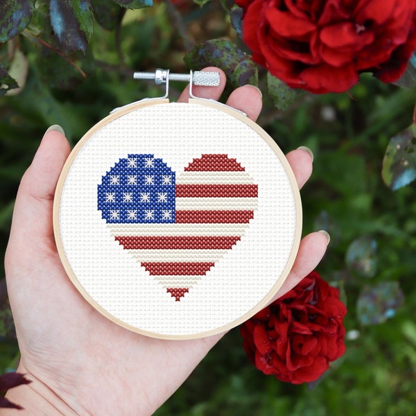 Heart cross stitch pattern, American flag cross stitch pattern, 4th of July decoration, Independence Day cross stitch pattern pdf