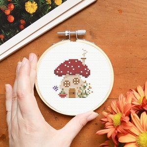 Schema punto croce fungo, schema punto croce cottage, schema punto croce stregonesco, fungo amanita, decorazione fungo, casa degli gnomi pdf