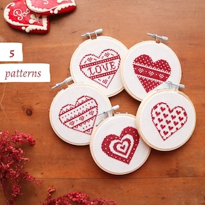 Red hearts cross stitch patterns, Valentine cross stitch patterns, bundle of 5 cross stitch patterns, cross stitch patterns pdf